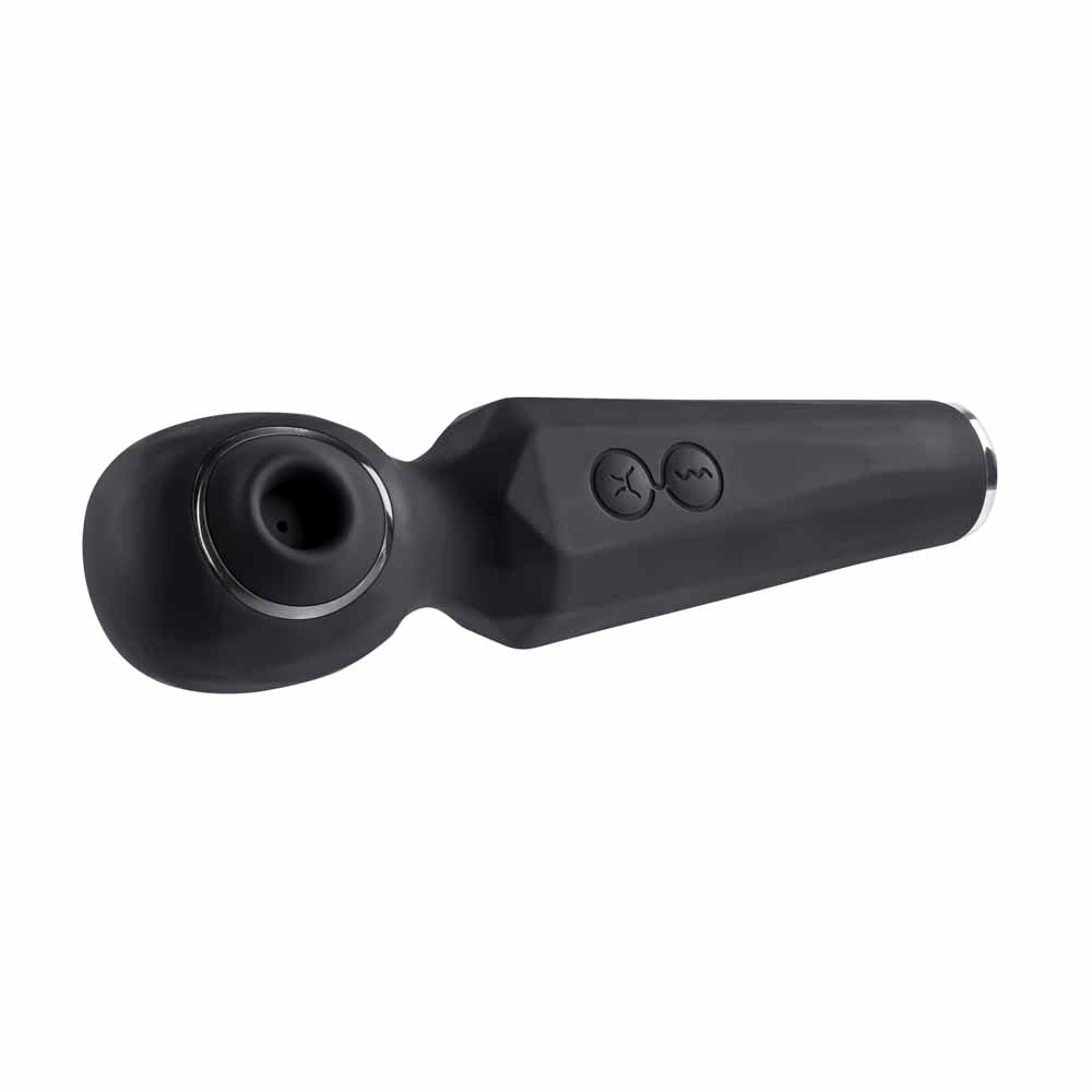 Black dual motor wand vibrator with suction and vibration controls.