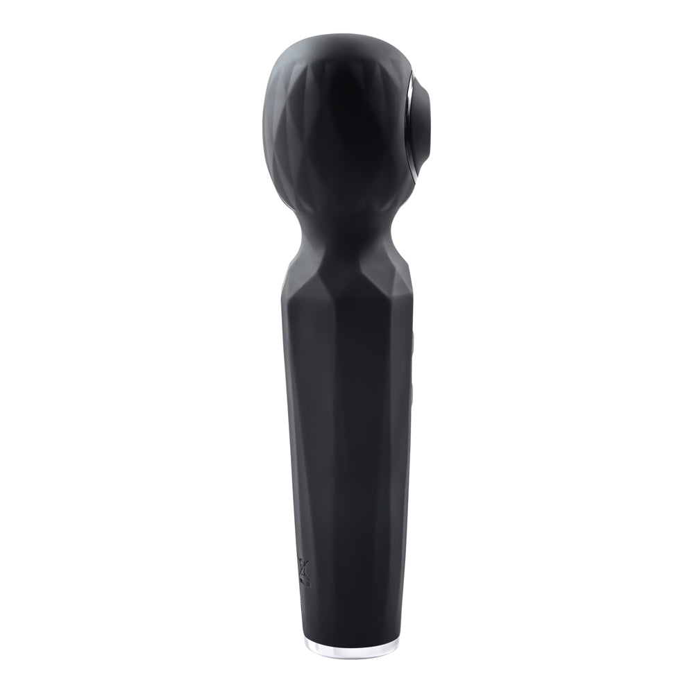 Black dual motor wand vibrator with textured head and handle.