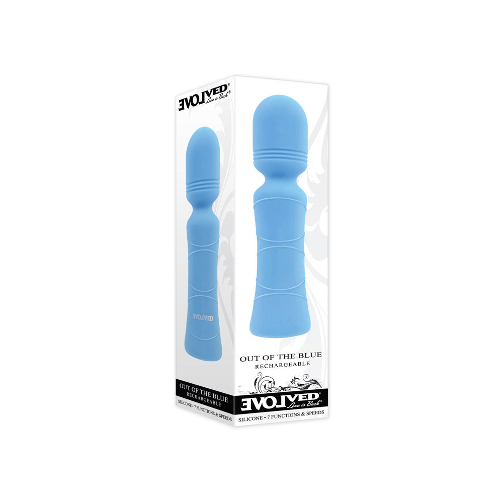 Blue Evolved Novelties mini wand vibrator with packaging.