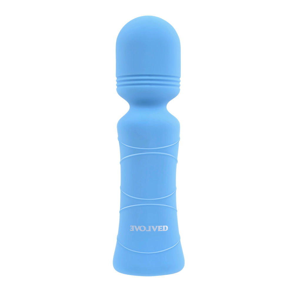 Blue silicone mini wand vibrator with ribbed neck and textured handle.