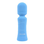 Blue silicone mini wand vibrator with ribbed neck and textured handle.