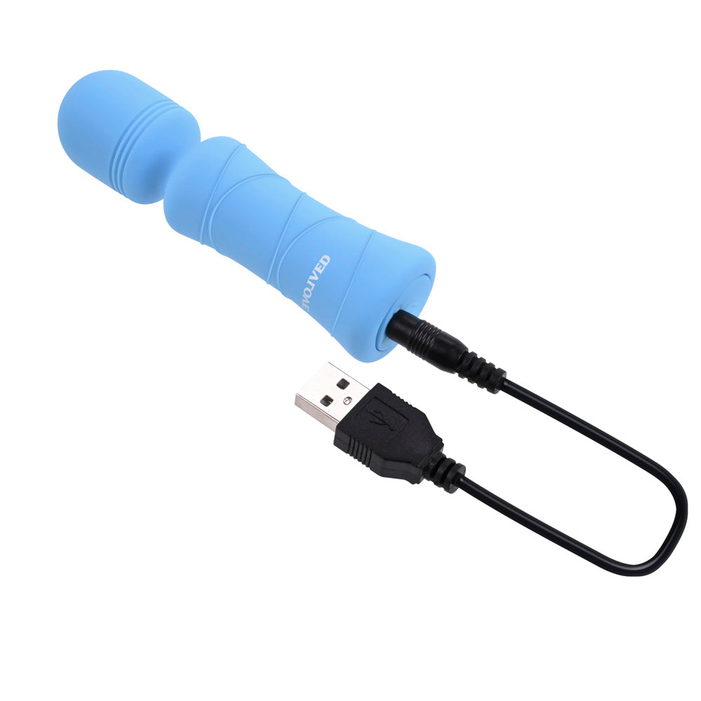 Blue mini wand vibrator with USB charging cable.