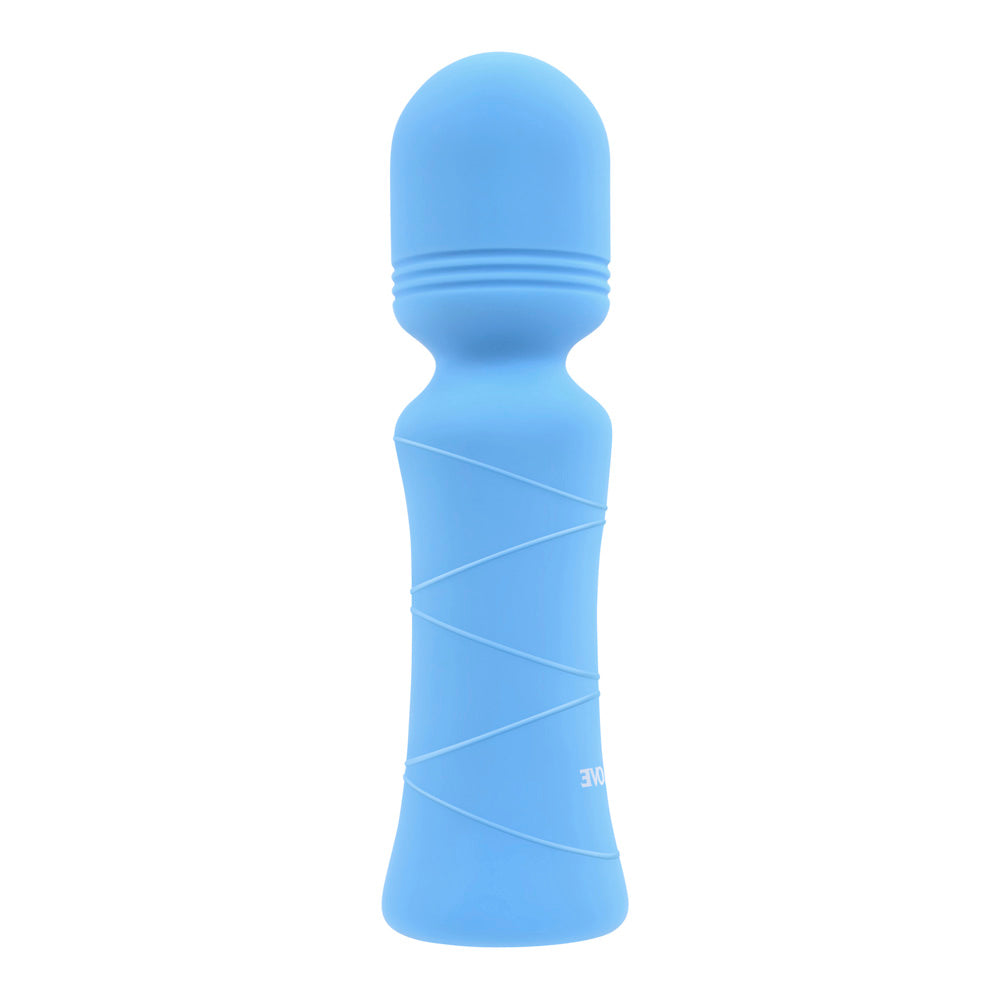 A blue mini wand vibrator with a ribbed head and textured handle.