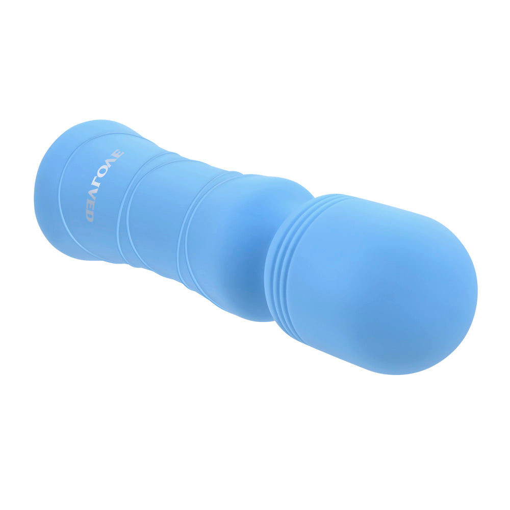 A blue silicone mini wand vibrator with ribbed sections and the word "EVOLVED" printed on it.