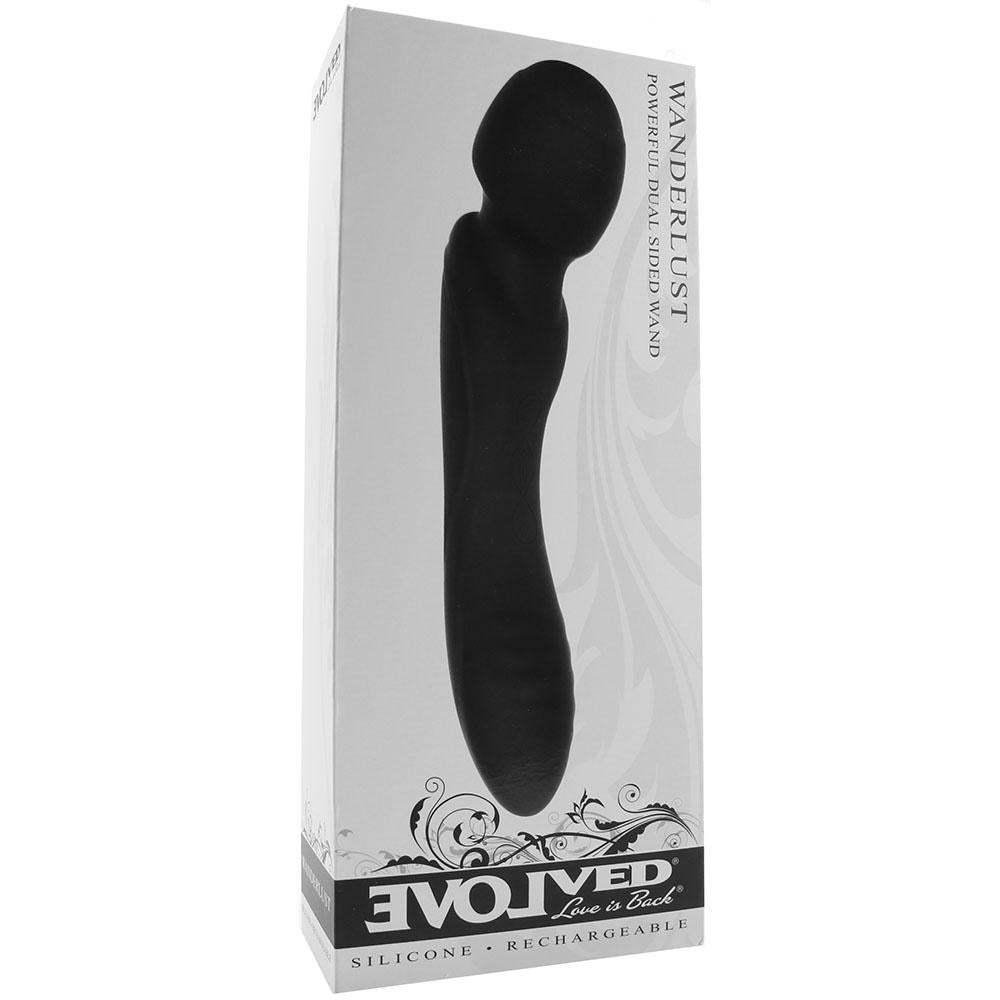 Black dual-ended wand massager and vibe on a white box.