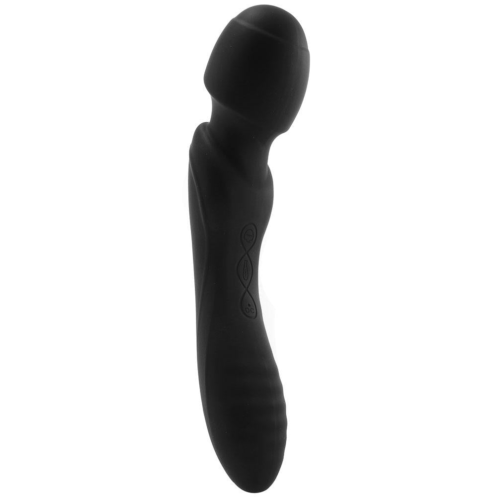Black double-ended wand and silicone vibe with textured controls.
