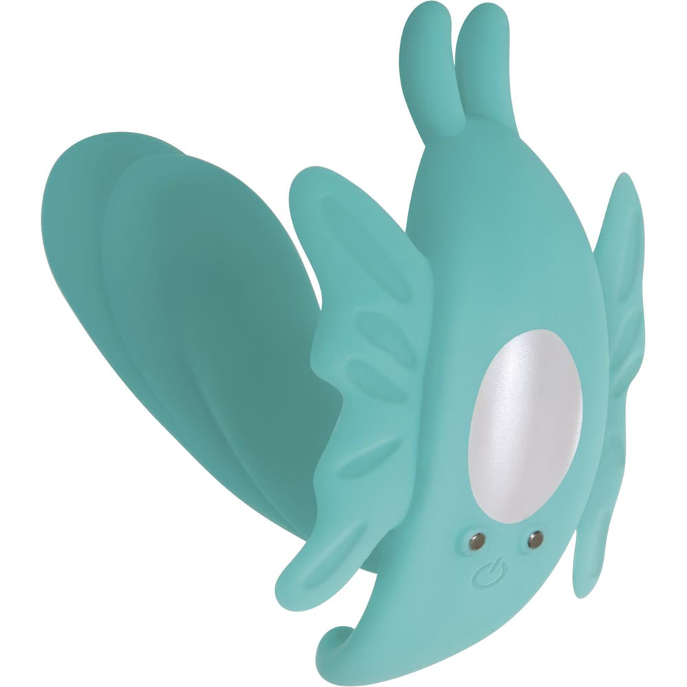 A teal butterfly-shaped vibrator with wings and rabbit ears.