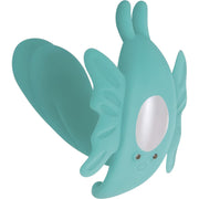 A teal butterfly-shaped vibrator with wings and rabbit ears.