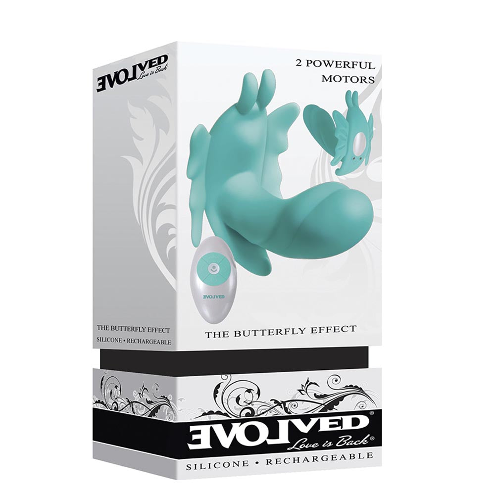 A teal butterfly remote rabbit vibrator made of silicone.