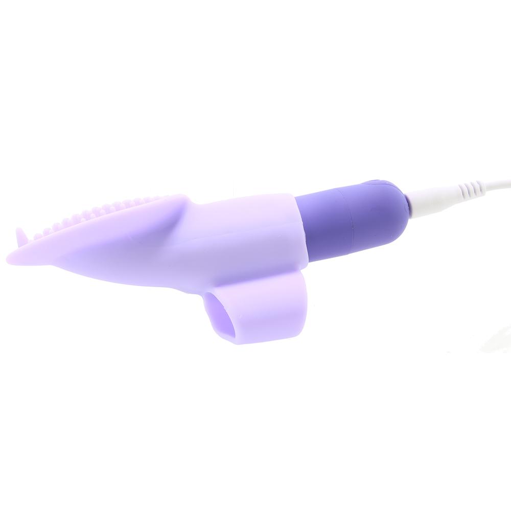 A purple and light purple finger vibrator with a textured tip and a charging cable.