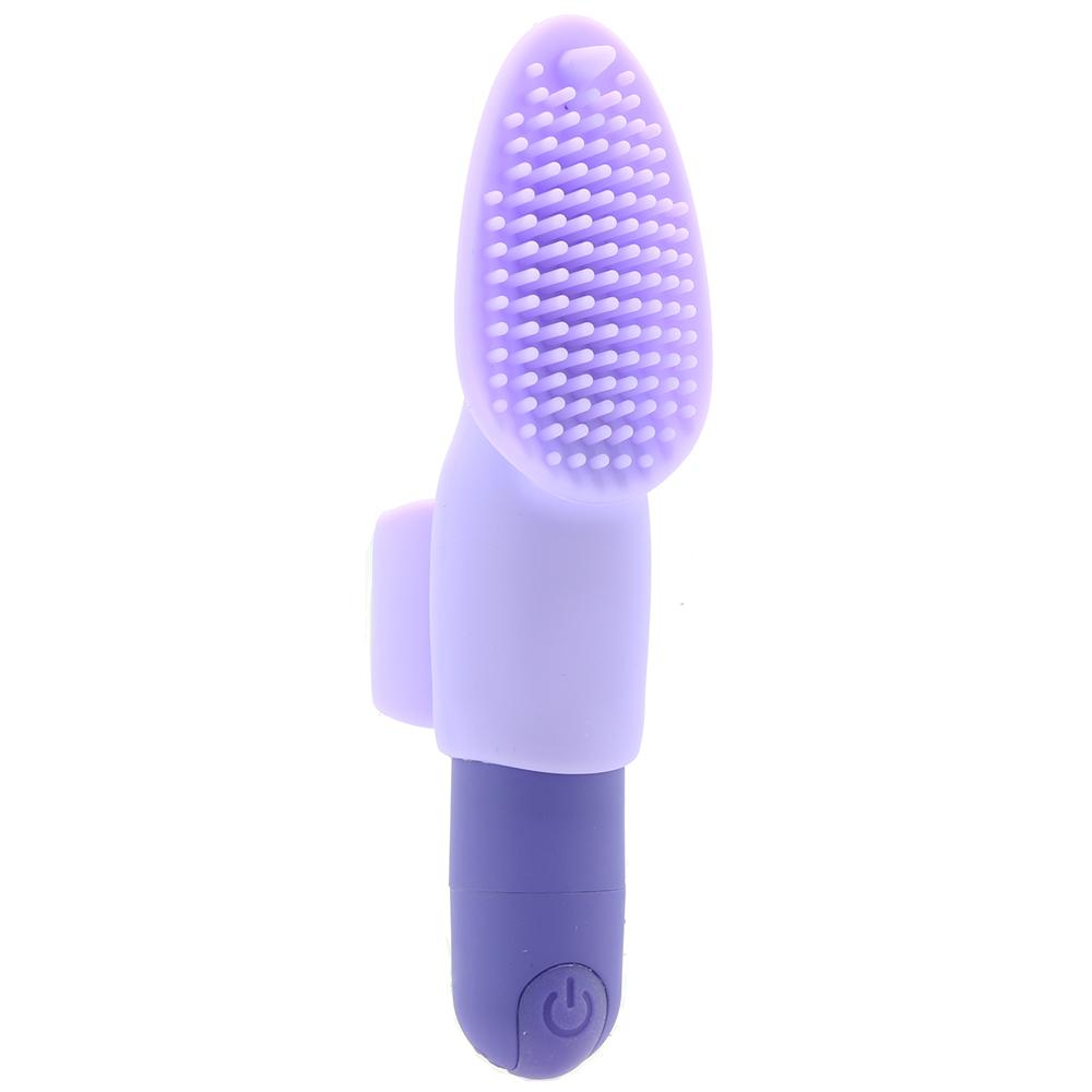 Purple silicone finger vibrator with textured nubs and a power button.