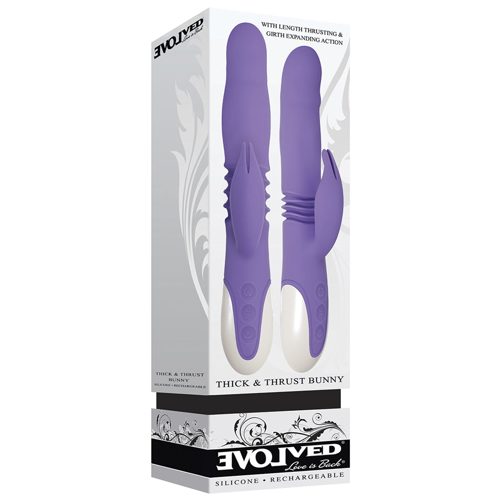 Purple silicone rabbit vibrator with thrusting and expanding action.