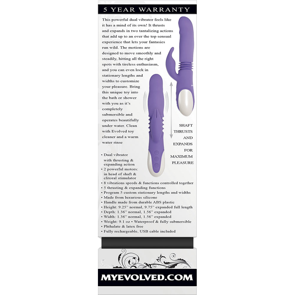 Purple silicone rabbit vibrator with dual thrusting and expanding actions.