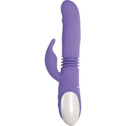 Purple silicone rabbit vibrator with a white oval button.