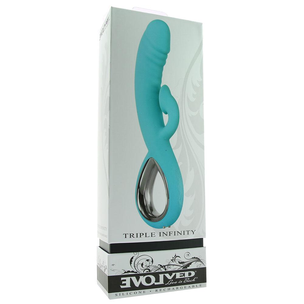 Turquoise Triple Infinity vibrator in its packaging.