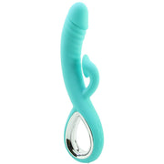 Turquoise heated suction rabbit vibrator with realistic shaft and ring handle.
