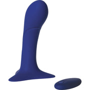 Blue silicone strap-on vibrator with remote control.