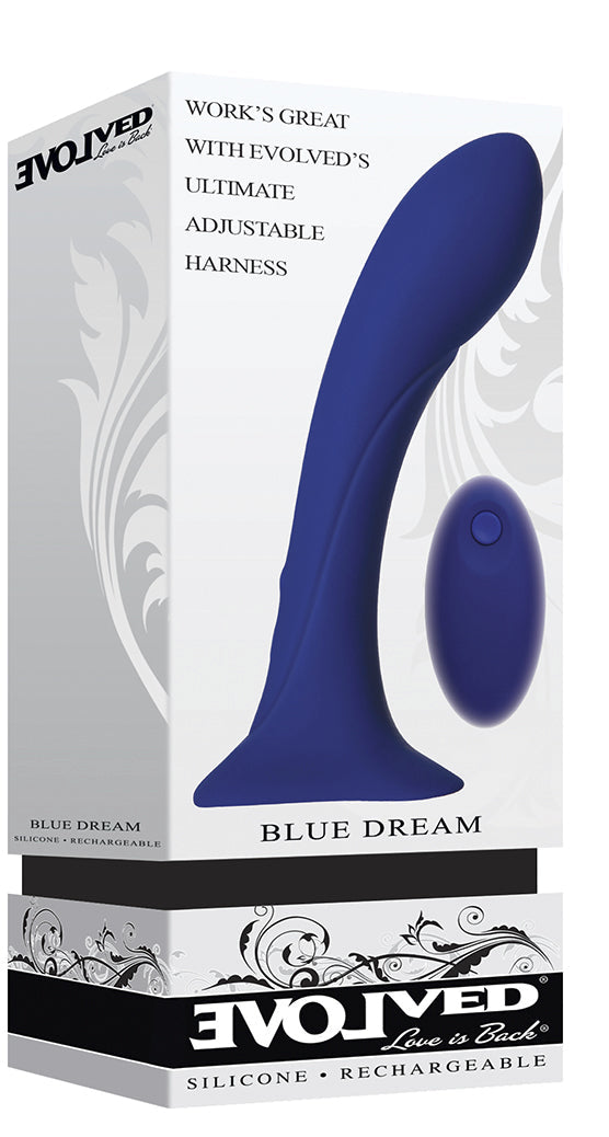 Blue Dream remote control silicone strap-on vibrator with a blue vibrator and remote.