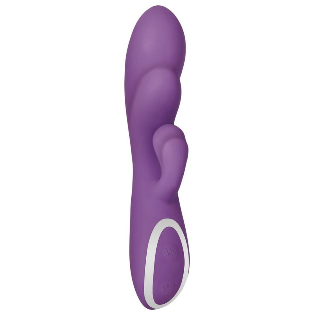 A purple silicone vibrator with a white ring and power button.