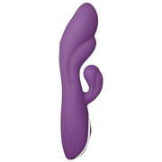 A purple silicone vibrator with a curved shaft and clitoral stimulator.
