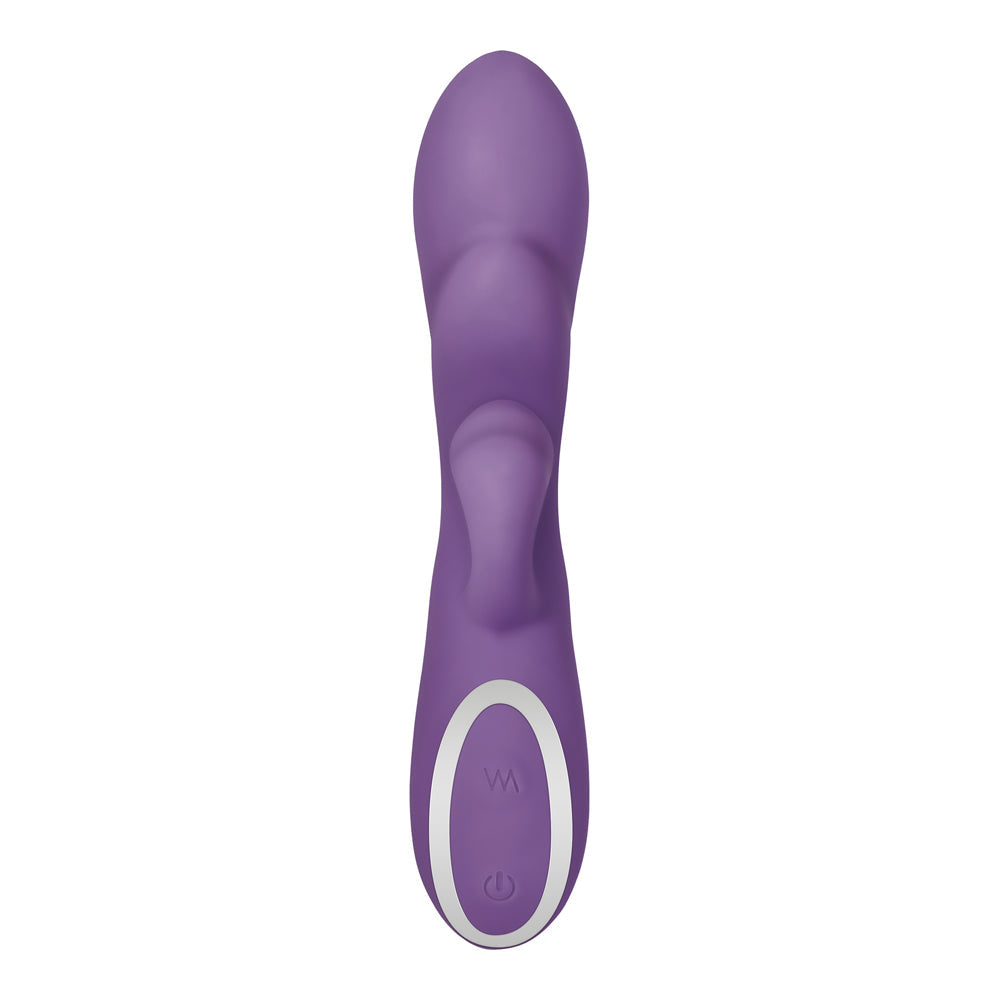 A purple silicone vibrator with dual motors and a silver control ring.