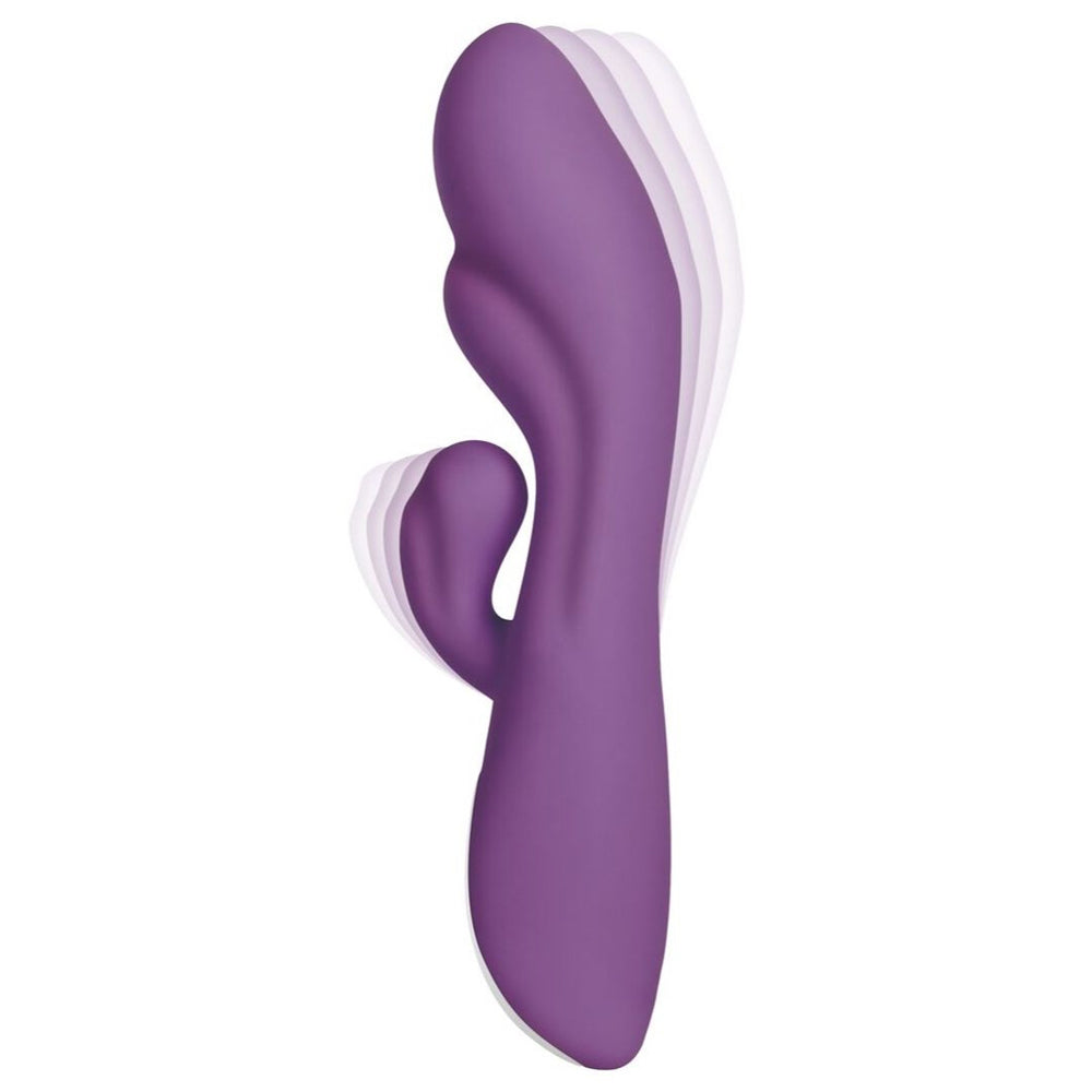 A purple dual motor vibrator with a curved shaft and clitoral stimulator.