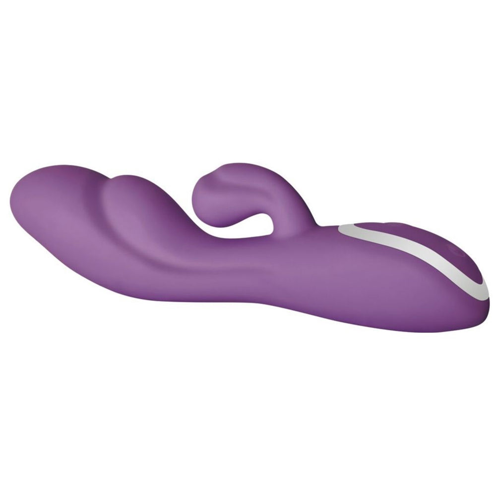 A purple silicone vibrator with a curved shaft and a white accent.