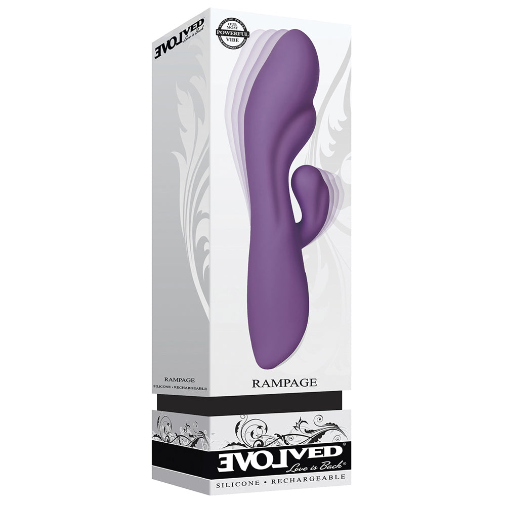 Purple Rampage vibrator in its packaging, made of silicone and rechargeable.