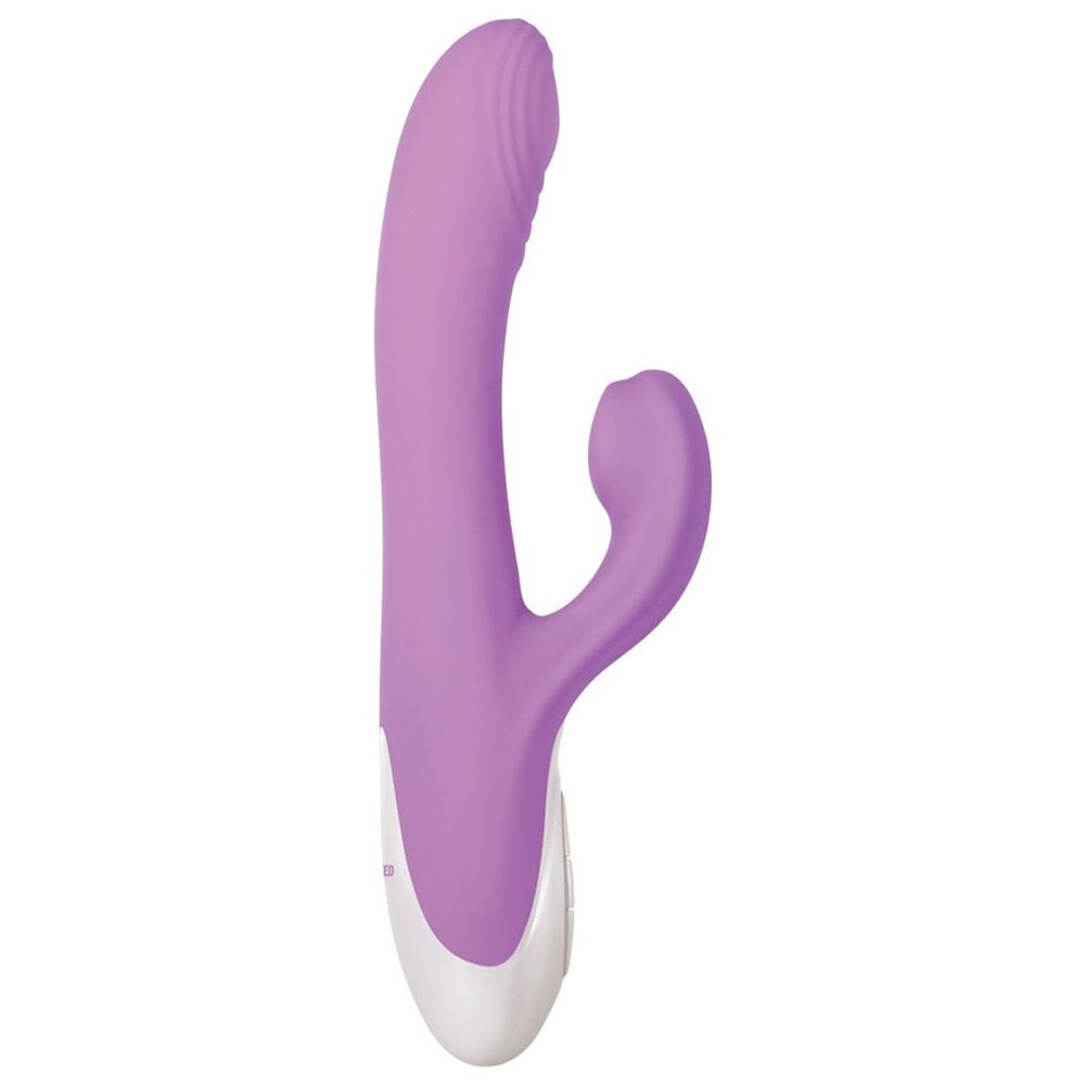Purple G-spot vibrator with a curved shaft and suction tip.