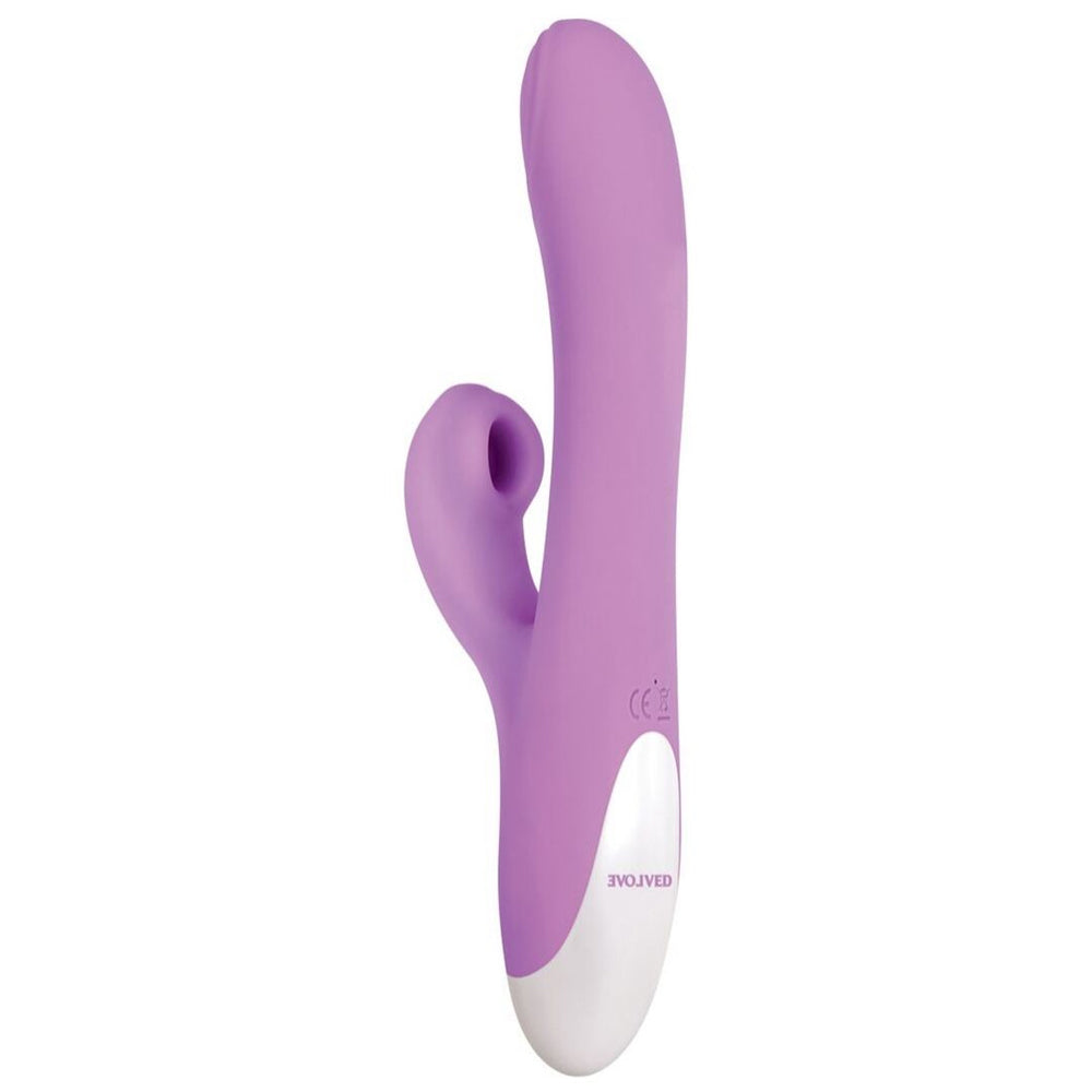 Purple G-spot suction vibrator with a curved shaft and white base.