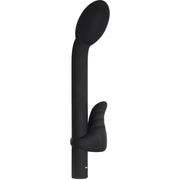 Black G-spot and clitoral vibrator with a curved shaft and textured attachment.