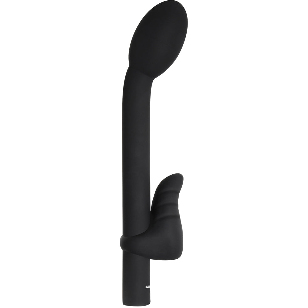 Black G-spot and clitoral vibrator with a curved shaft and textured attachment.