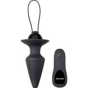 A black silicone vibrating butt plug with a remote control.