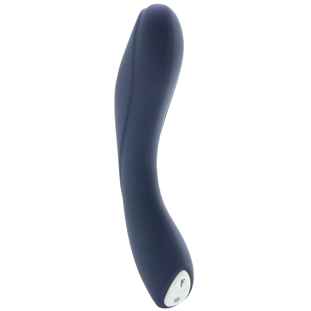 A dark blue, curved silicone vibrator with a power button.