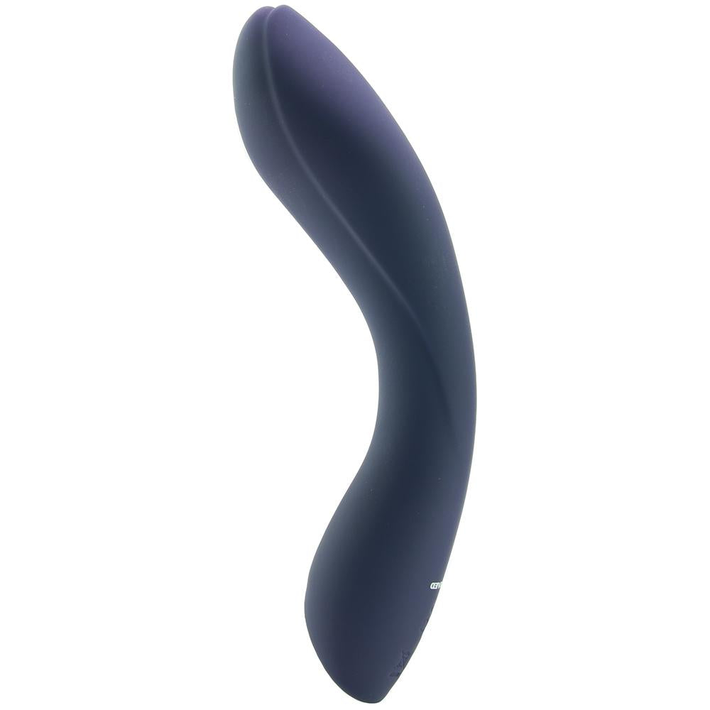 Curved dark blue silicone vibrator with a subtle curve.
