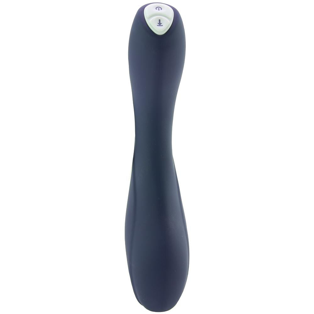 Dark blue silicone vibrator with power and speed control buttons.
