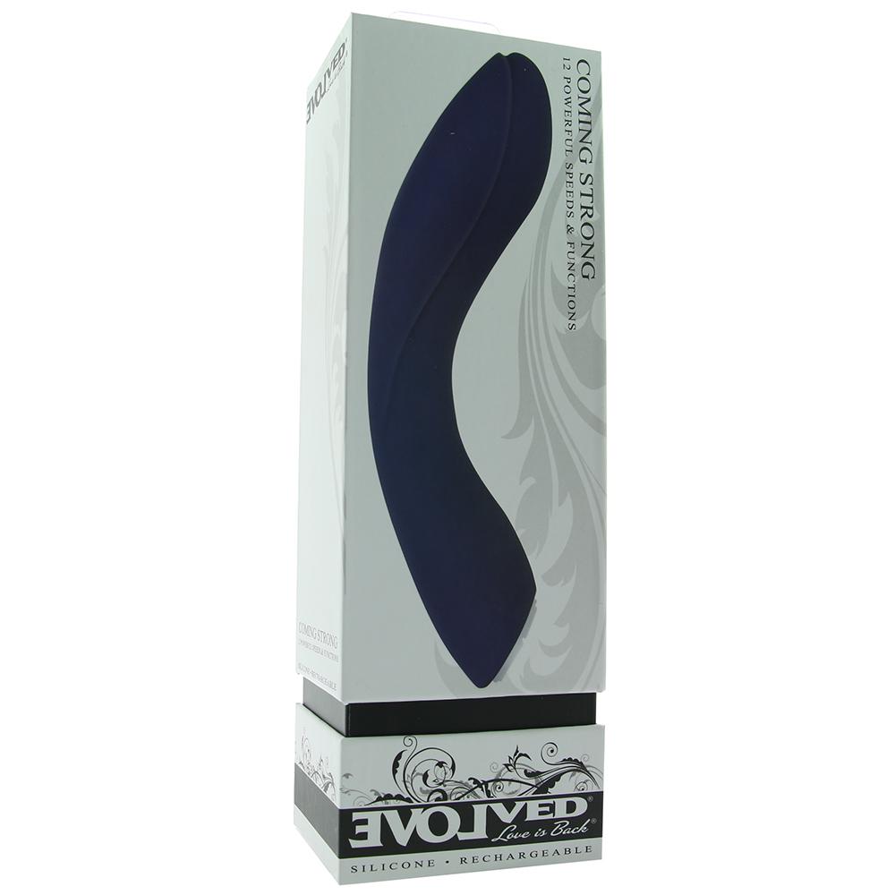 A navy blue vibrator in its packaging, featuring text about speeds and functions.