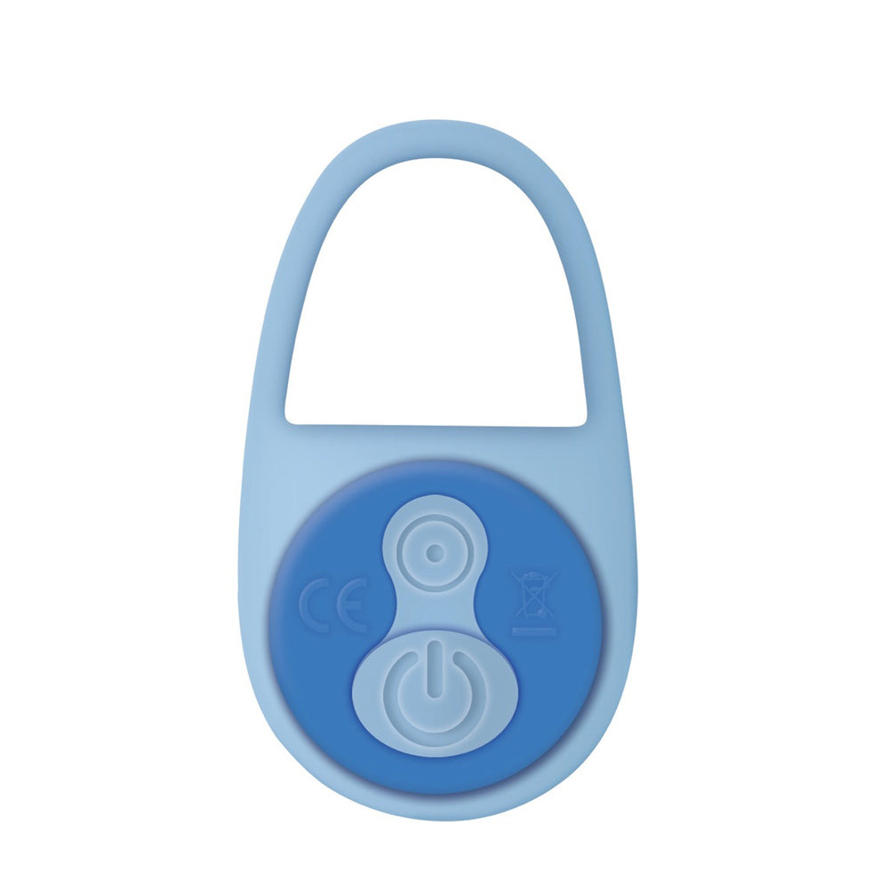 Blue rechargeable silicone vibrating finger ring with power button.