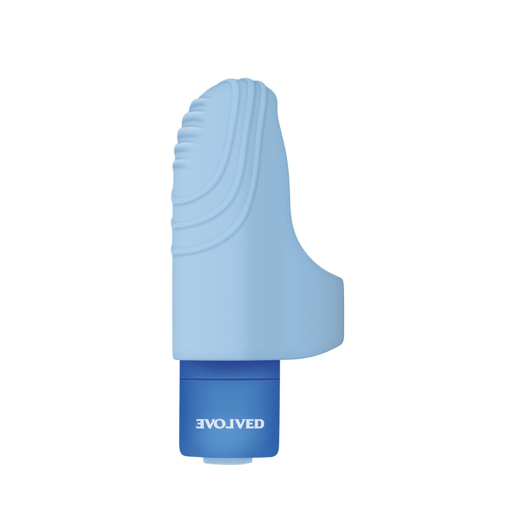 Blue rechargeable silicone vibrating finger ring with ribbed texture.