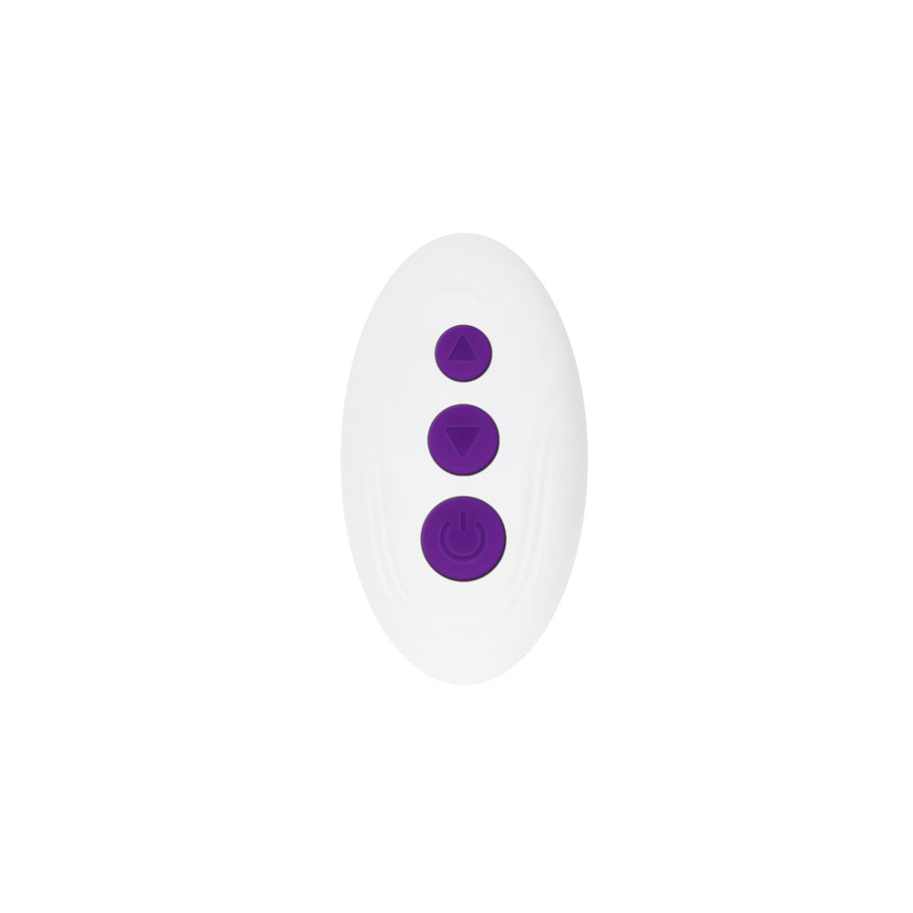 White remote with three purple buttons: up arrow, down arrow, and power symbol.