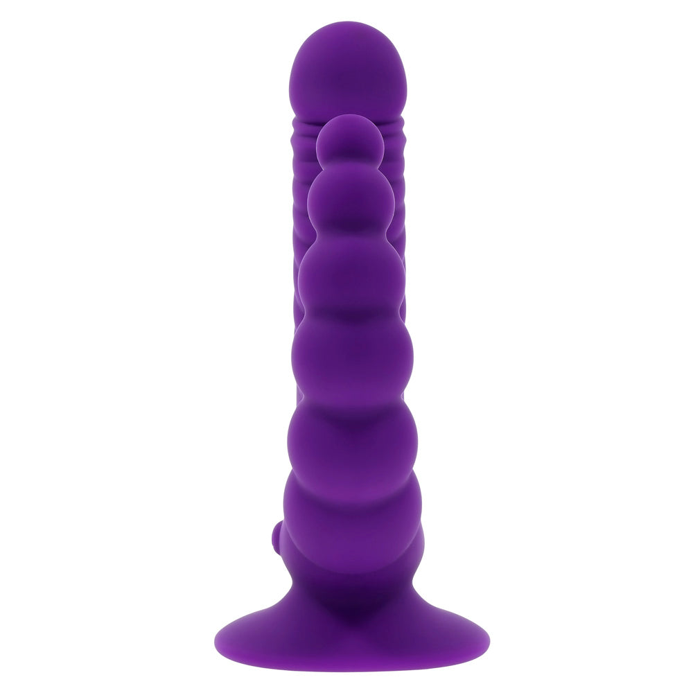 Purple dual stimulating remote vibrator with suction cup and textured shaft.