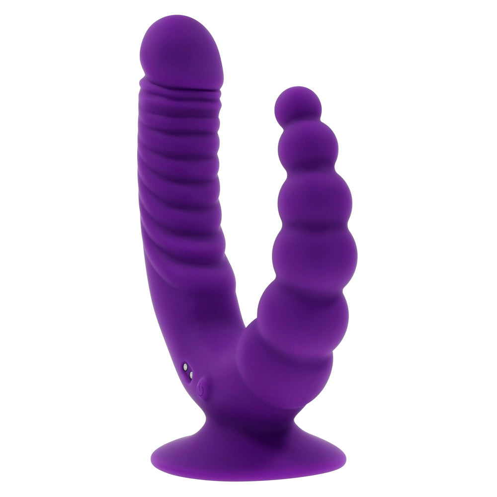 Purple dual stimulating vibrator with textured and beaded shafts and a suction cup.