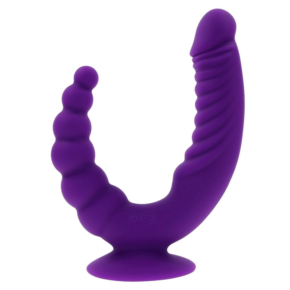 Purple dual stimulating vibrator with a textured shaft and beaded back shaft.