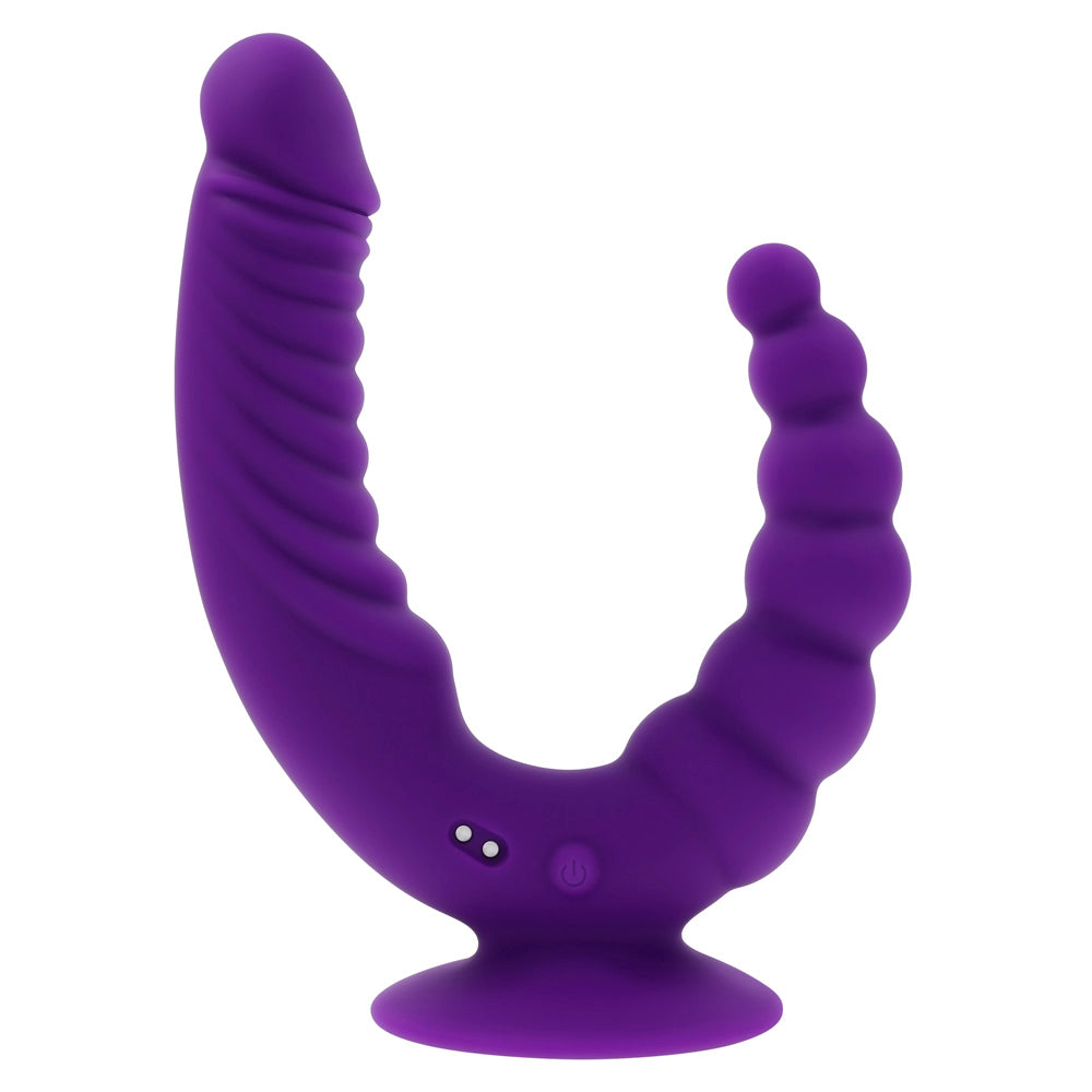 Purple dual stimulating vibrator with textured and beaded shafts and a suction cup.