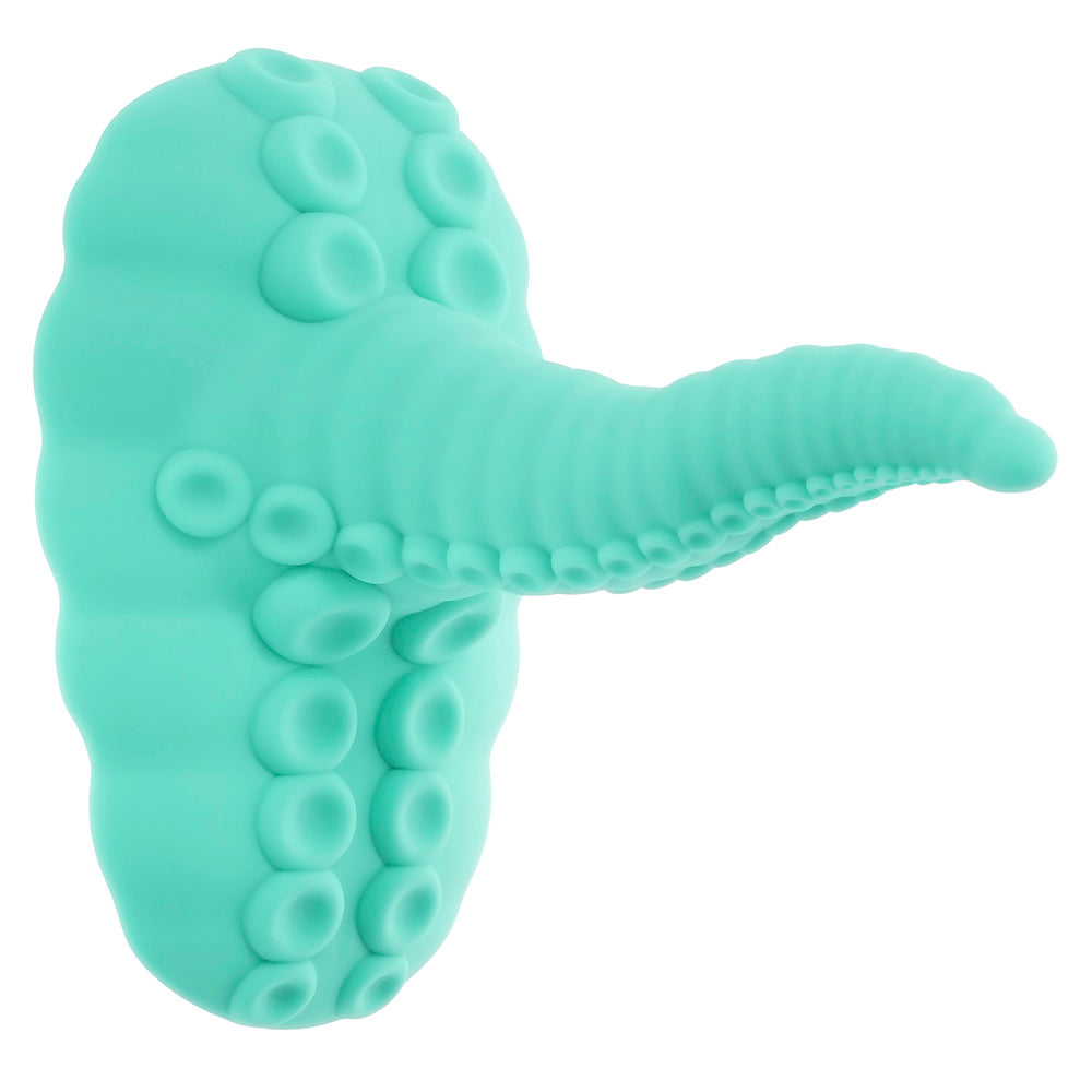 A teal silicone octopus tentacle toy with suction cups and a ribbed shaft.