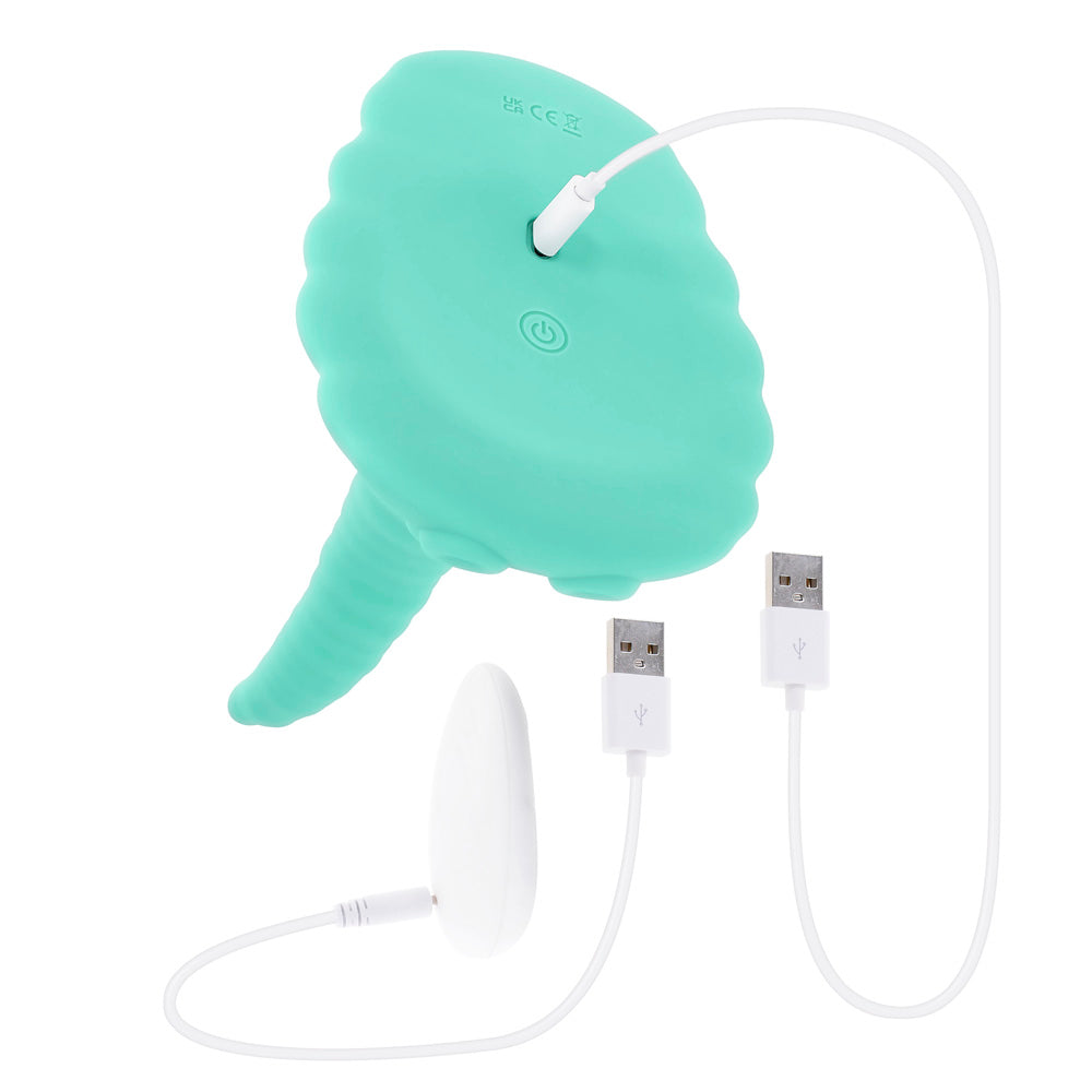 A teal vibrating tentacle toy with a white remote and USB charging cables.