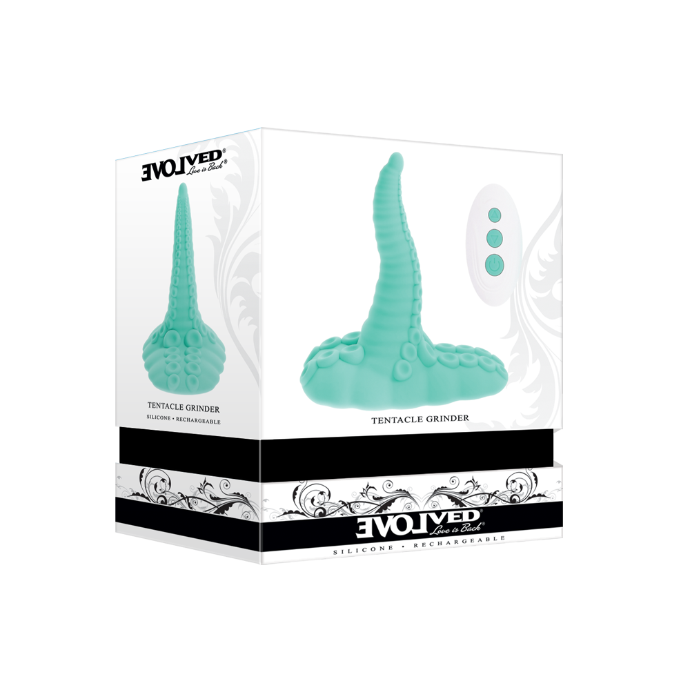 A teal vibrating tentacle grinder with a suction base and remote control.