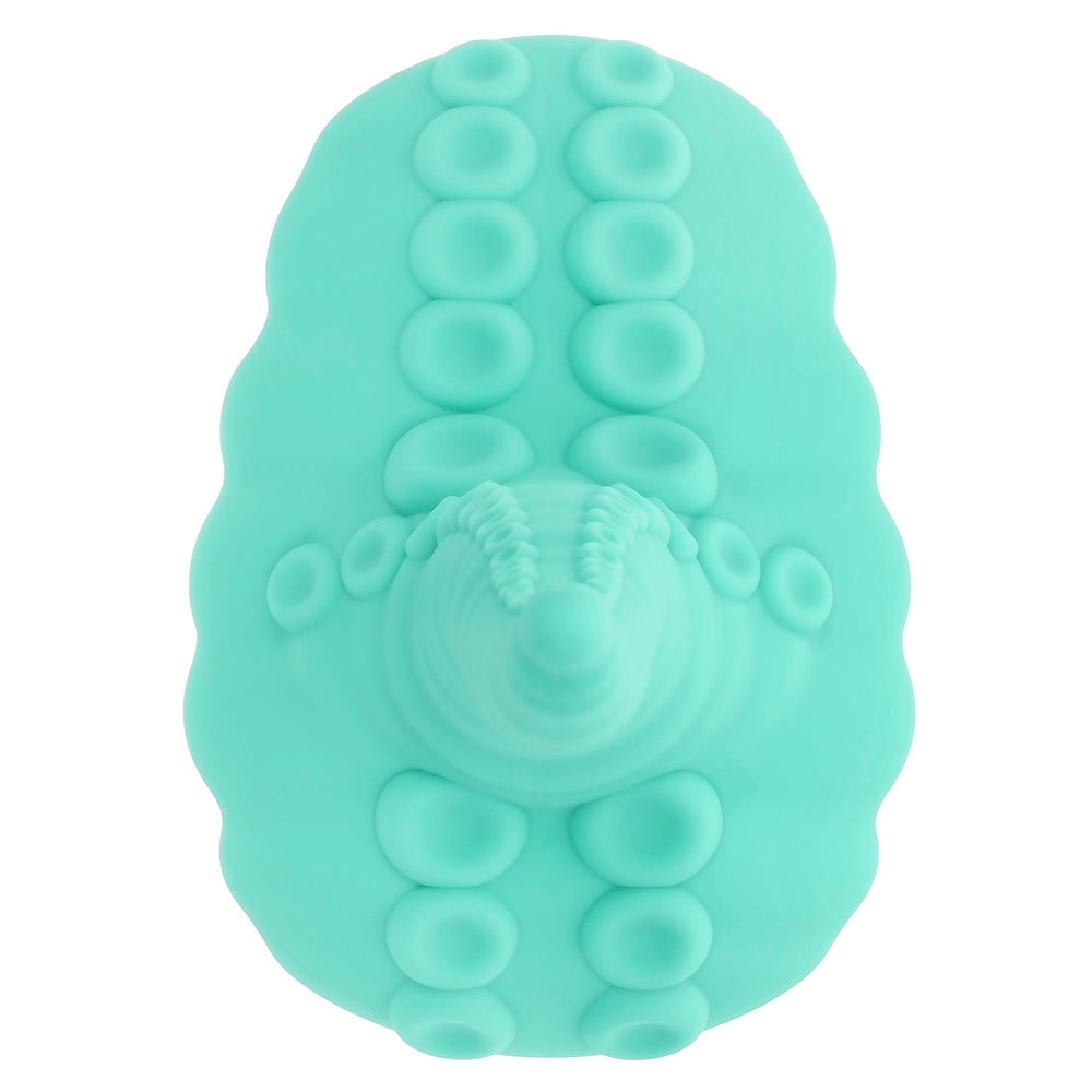 A teal silicone vibrating tentacle toy with suction base and textured surface.