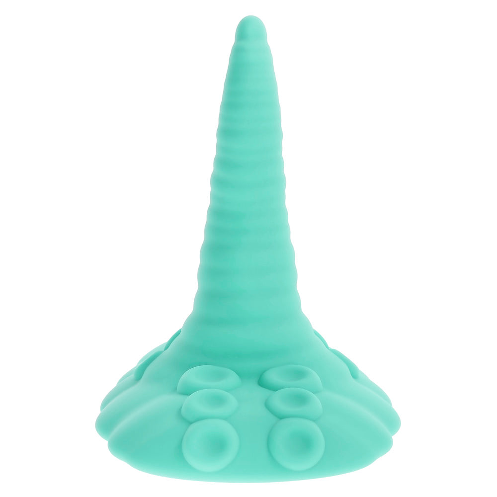 A teal vibrating tentacle toy with suction cups and a ribbed shaft.