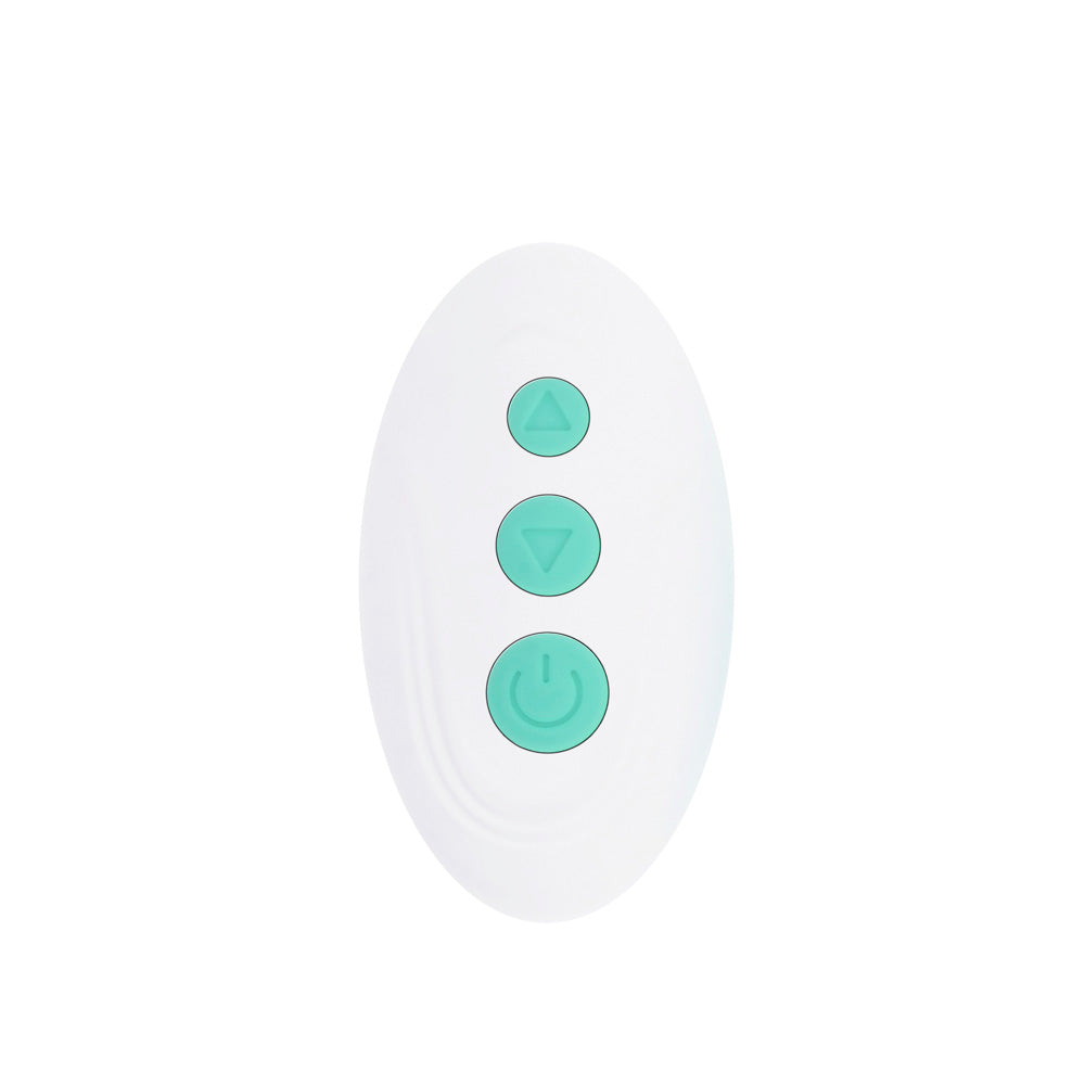 White oval remote with three teal buttons: up arrow, down arrow, and power symbol.